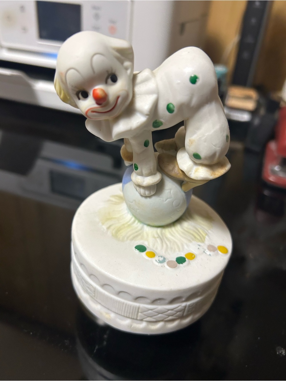 White Clown Figurine Music Box with Green Polka Dots
